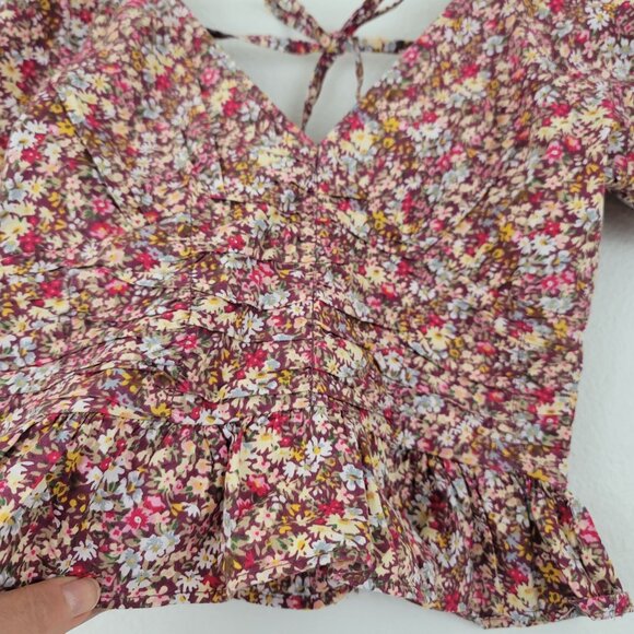 Sim & Sam Sz S Floral Daisy Short Puff Sleeve Crop Top Cotton Boho Cottagecore - Picture 2 of 10